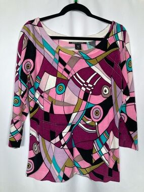 Vintage Pierre Cardin Geometric Abstract Scoop Neck 3/4 Sleeve Knit Sweater L